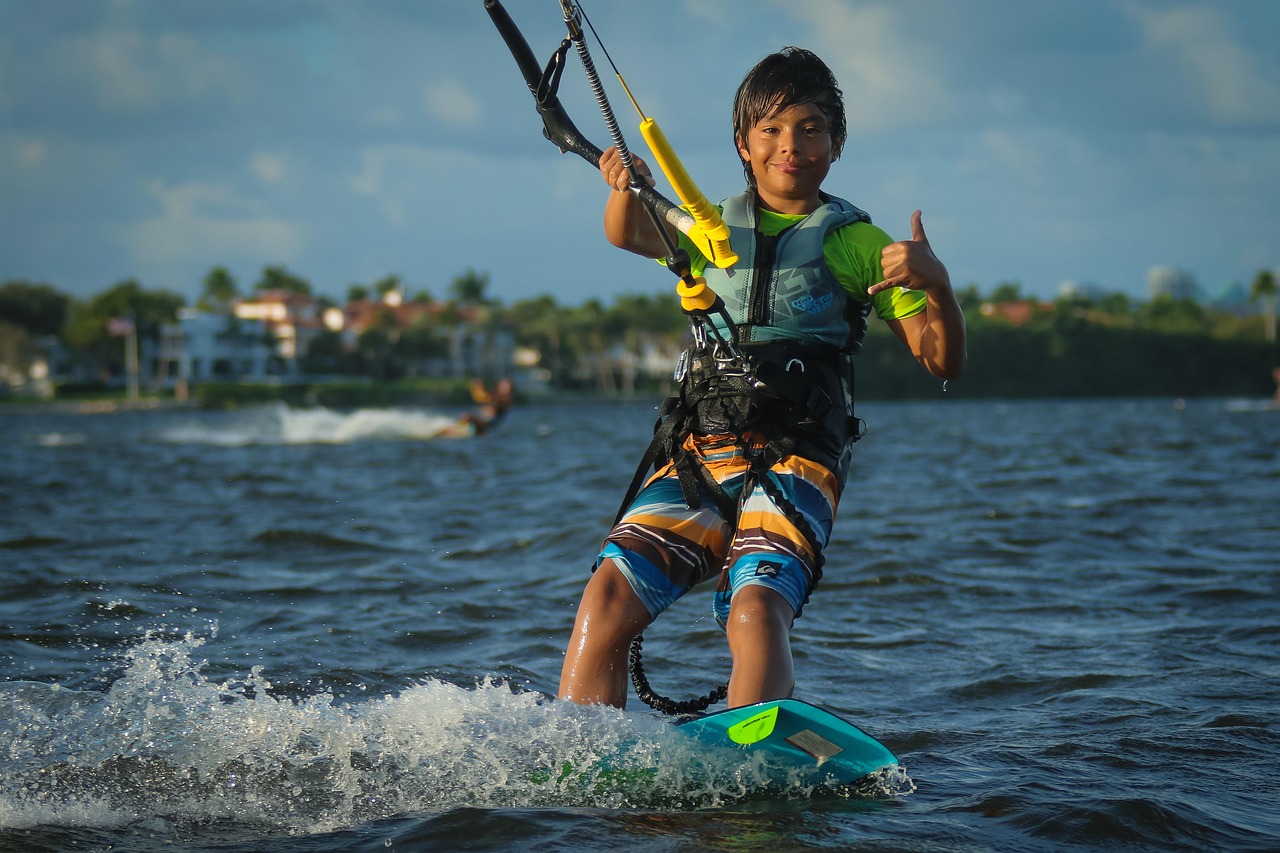 kitesurfing, kite boarding, nature, beach, ocean, kid, boy, blue board